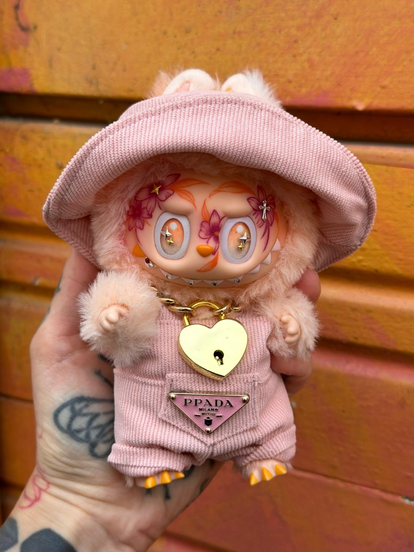 Custom Labubu with hand-drawn face tattoos by Tia Berry