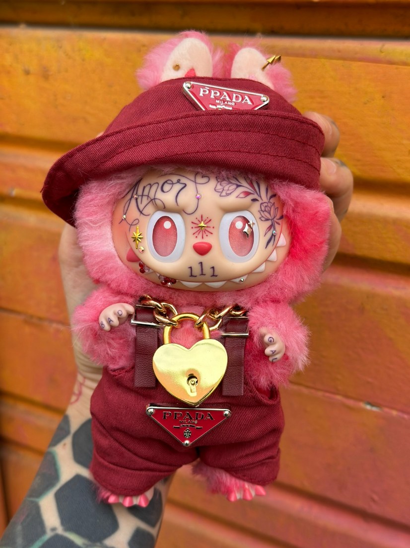 Custom Labubu with hand-drawn face tattoos by Tia Berry