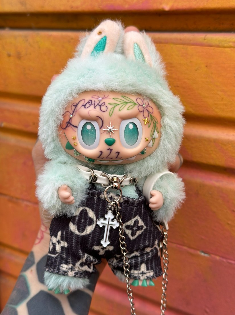 Custom Labubu with hand-drawn face tattoos by Tia Berry