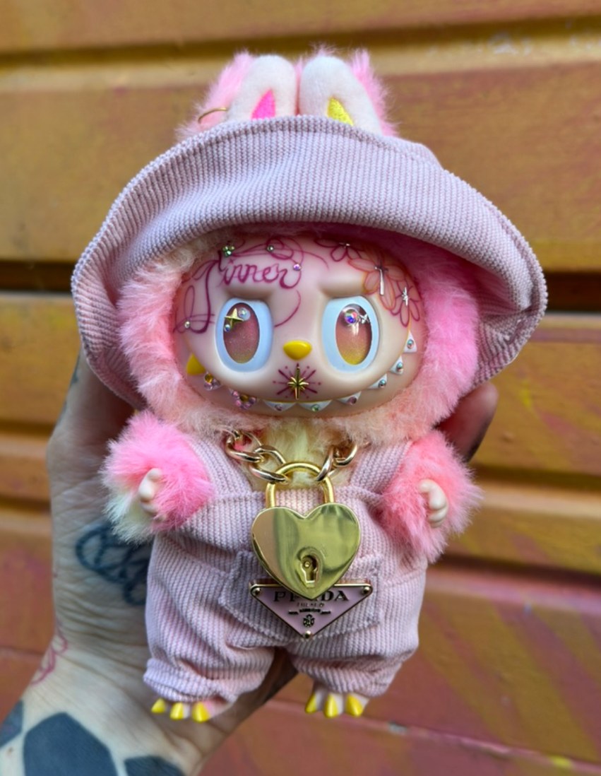 Custom Labubu with hand-drawn face tattoos by Tia Berry