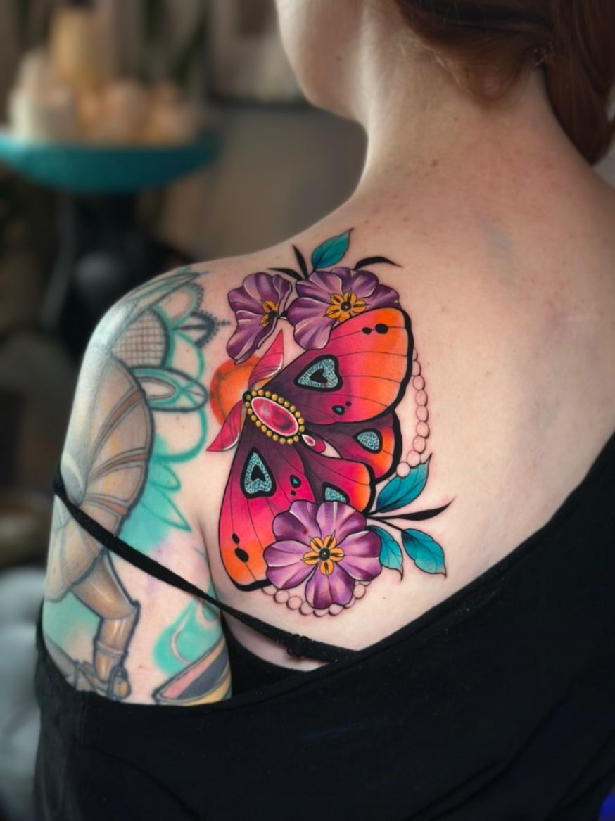 Colour moth coverup tattoo by Tia Berry, Vancouver