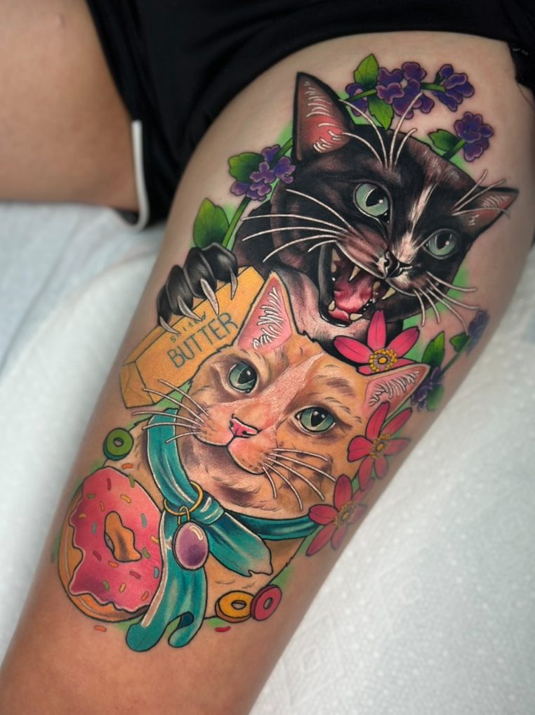 Butter the cat tattoo on the thigh by Tia Berry, colour tattoo artist in Vancouver