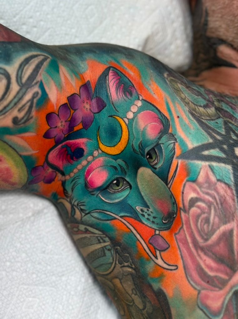 Moon rat tattoo on the armpit by Tia Berry, colour tattoo artist in Vancouver
