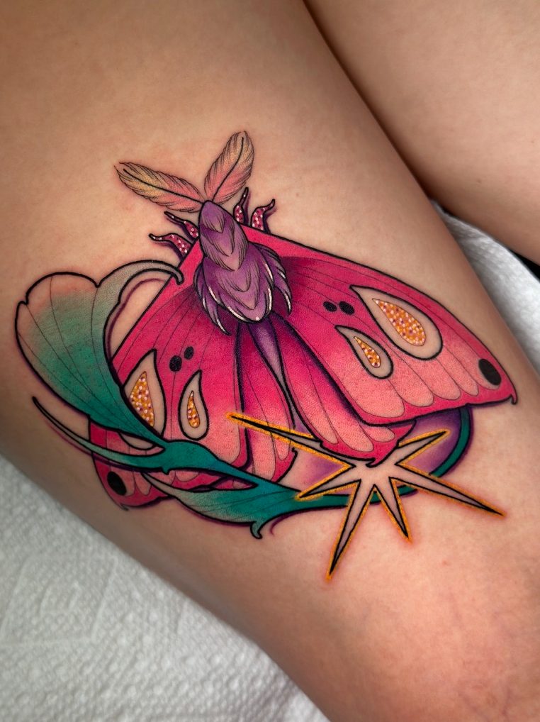 Pink moth and star tattoo on the thigh by Tia Berry, colour tattoo artist in Vancouver